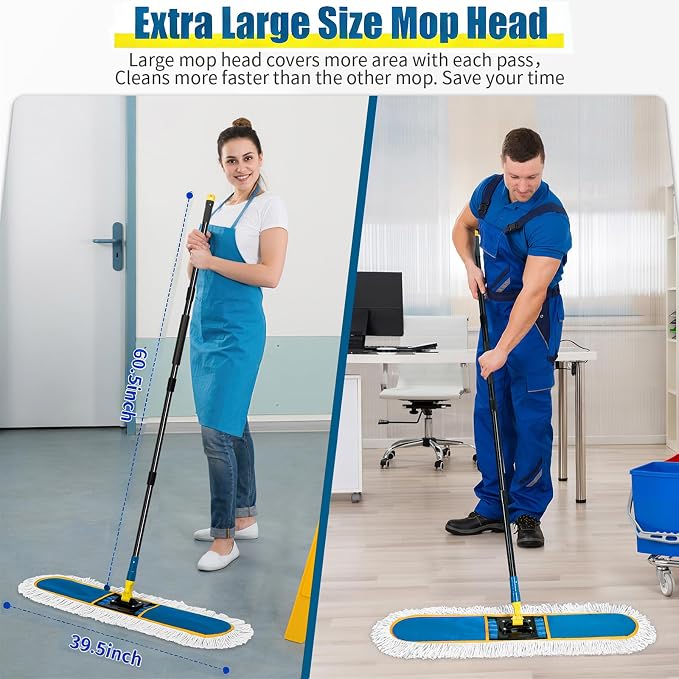 24" Commercial Dust Mop for Floor Cleaning, Heavy Duty Large Industrial Floor Duster with 2 Cotton Mops Pads, Wet Dry Mops for Hardwood Floors, Concrete, Marble, Laminate, Tile, Garage, Blue