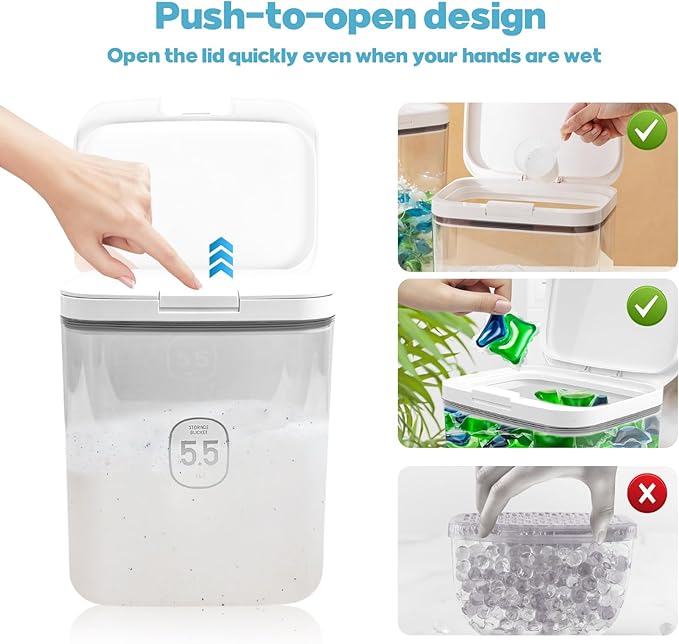5.5L Laundry Detergent Dispenser with One-Press Lid, Laundry Powder Container for Laundry Room Organization and Storage Pod and Airtight Dishwasher Pod Holder for Bead Powder 1pack