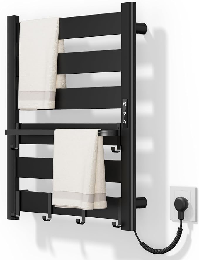 6-Bar Wall-Mounted Heated Towel Rack – Fast PTC Heating in 6 Minutes, Adjustable Temperature & Timer, Space Aluminum, Matte Black, Large Capacity Blanket Warmer,Towel Warmer for Family Bathrooms
