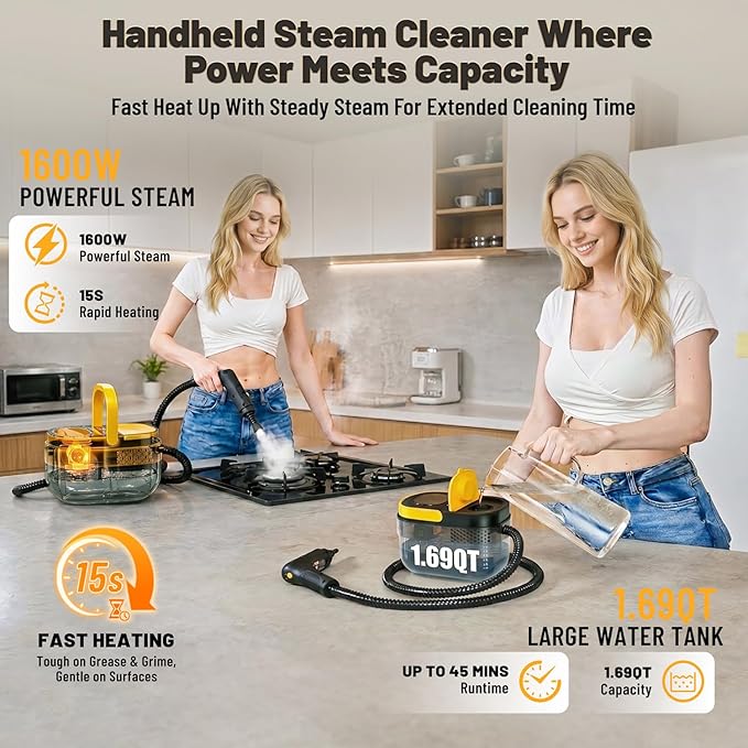 Gautye Steam Cleaner, 3 Level Adjustable Handle with 15 Accessories, Black | 15s Heat Up, 1.69 Quarts Tank, Handle Steam Cleaner for Home, Steamer for Cleaning for Kitchen, Grout, Dirt, Tile, Floor, Car