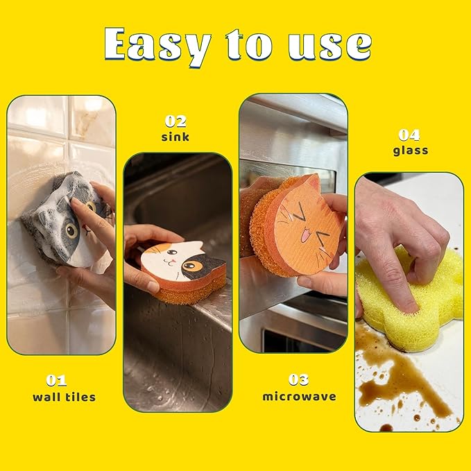 Bulimumu 3-Layer Cat Print Dish Sponge (6 Pack) - Swedish Dishcloth Top + Soft Sponge Middle + Smart Temperature-Sensing Scrubber - Dual-Action Non-Scratch Kitchen Cleaning