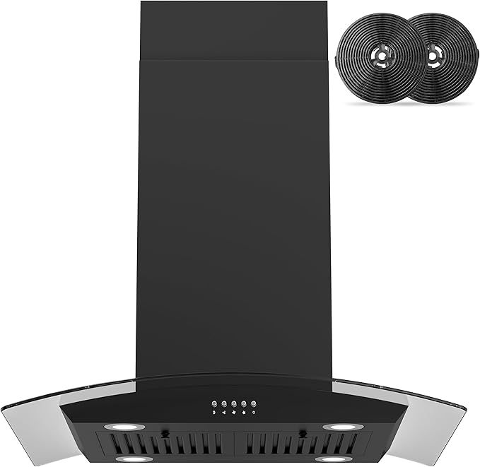 FIREGAS Black Island Mount Range Hood 30 inch with 700 CFM, Ceiling Mount Kitchen Vent Hood Ducted/Ductless Convertible, 4 LED Lights, 3 Speed Exhaust Fan, 2 charcoal fiters, Black