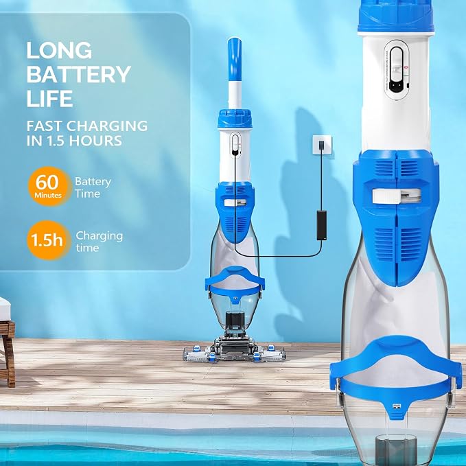 VINGLI Pool Vacuum for Above Ground Pools, 40W 18.5GPM Suction, 60 Mins Runtime, 1.5H Fast Charging, 29.3-71inch Telescopic Pole, Ideal for Leaves & Debris Deep Cleaning
