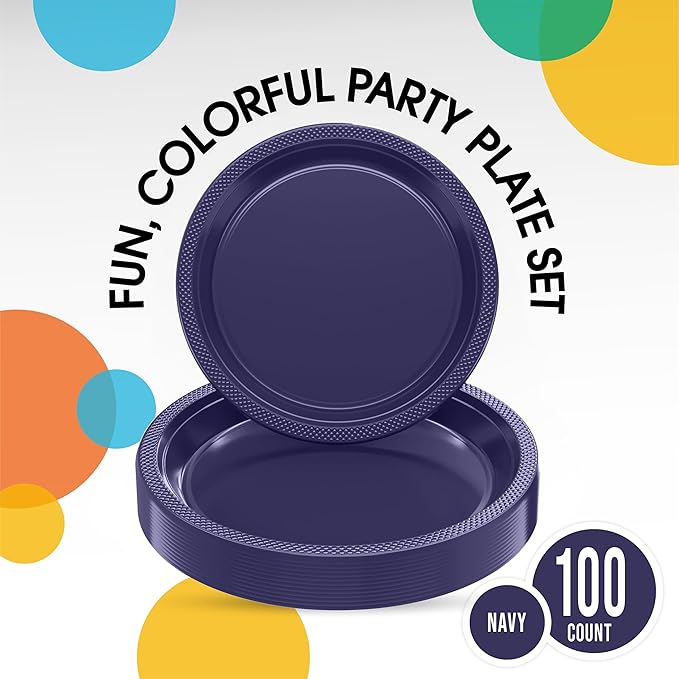 Exquisite Party Solids Navy Plates Disposable Navy Plastic Plates 100 Pieces - 50-7" & 50-9" Heavy Duty 350 GSM Disposable Dinnerware Sets, Plastic Dinnerware Sets