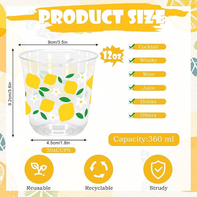 Whaline 50Pcs Summer Plastic Cups 12 Oz Lemon Disposable Clear Stemless Wine Cocktail Glasses PET Drinkware Cups Set for Wedding Birthday Baby Shower Party Supplies