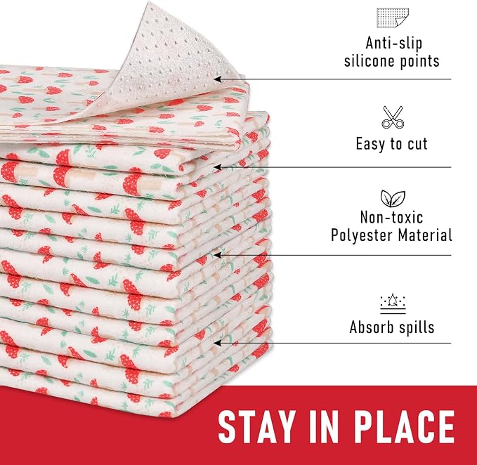 Cooyes 12 Pack Cloth Shelf Liners for Kitchen Cabinets, 12" × 24", Non-Slip Refrigerator Liners Machine Washable, Crisper Drawer Mats for Glass Shelves and Freezers, (Red Mushroom)
