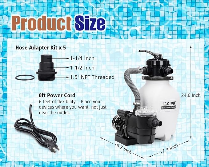 CIPU 12-inch Sand Filter Pump System Handy 4-Way Valve for Above Ground Swimming Pools with Prefilter Pool Pump 115V 6-Foot Cord to Easy Installation SFPS12501