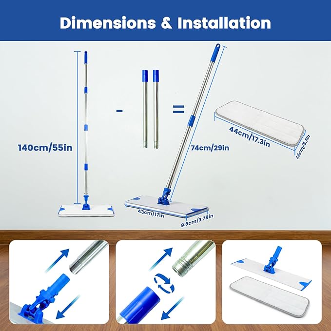 17.5 Inch Professional Microfiber Mop Floor Cleaning System, Heavy Duty Flat Mop with Stainless Steel Handle&Aluminum Alloy Base, 4 Reusable Washable Wet & Dust Mops Pads for Hardwood Tile Laminate