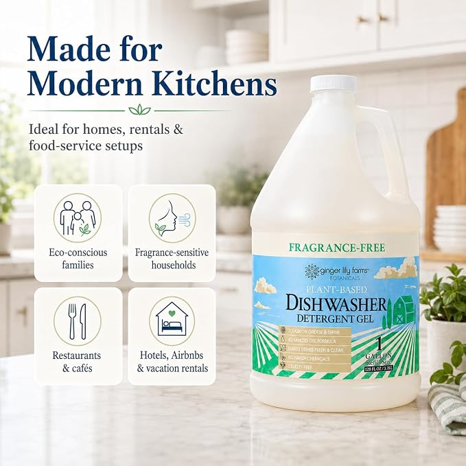 Ginger Lily Farms Plant-Based Dishwasher Detergent Gel, Fragrance-Free, 1 Gallon Refill (Pack of 4), Eco-Friendly, 100% Vegan & Cruelty-Free