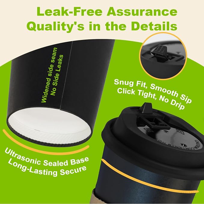 100 Pack 16 oz Disposable Coffee Cups with Lids and Sleeves, To Go Coffee Cups with Lids, Leak-Proof Hot Coffee Cups, PLA Black Paper Coffee Cups for Hot Beverage
