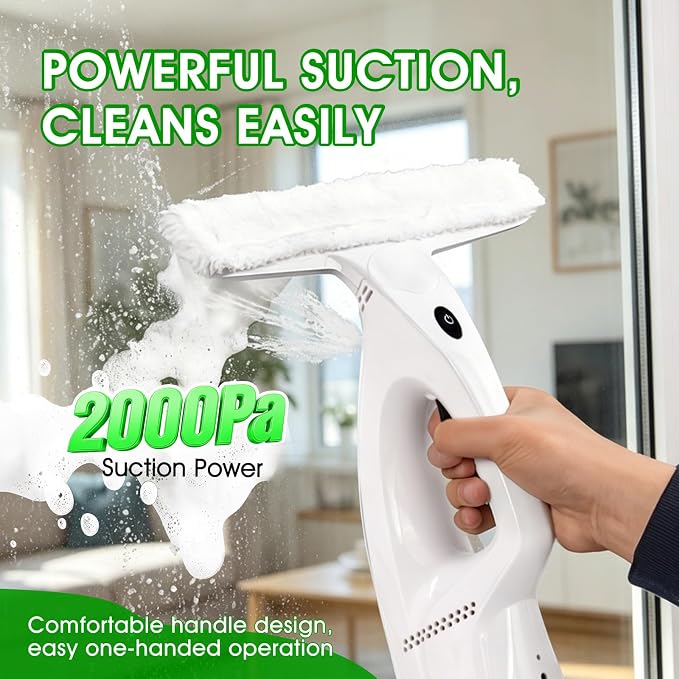 Cordless Electric Window Vacuum Squeegee, 2000Pa Powerful Suction with Water Collection Tank, Rechargeable Window Cleaner Tool for Glass, Shower Doors, Mirrors & Car, 2000mAh