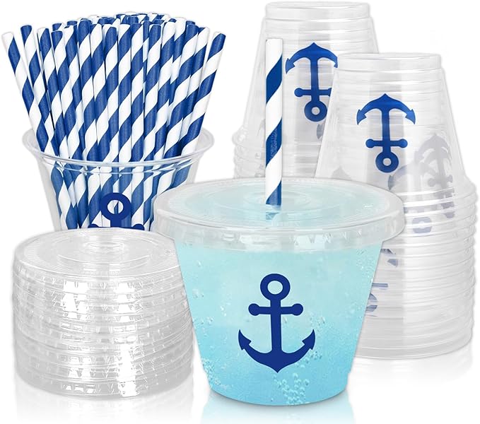 Whaline 100Pcs 9Oz Nautical Disposable Plastic Cups with Lids and Straws Blue Anchor Cold Beverage Drinking Cups for Iced Coffee Smooth Juice Tea Milkshake