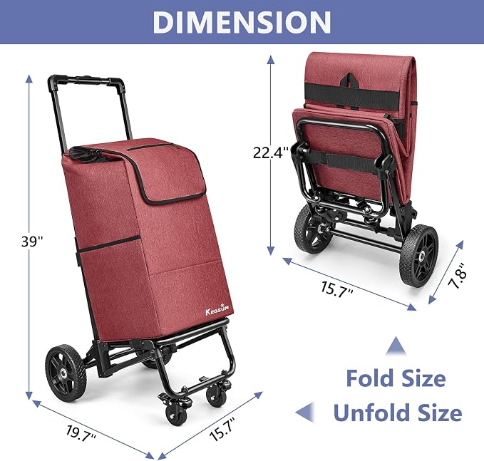 KEDSUM 3 in 1 Shopping Cart with Wheels, 60L/250LBS Multi Use Grocery Cart with 7" Big Wheels & Removable Waterproof Bag, Personal Shopping Carts for Groceries, Telescoping Handle & Thickened Steel