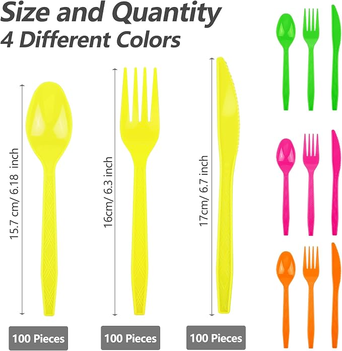 300 Pieces Neon Party Plastic Cutlery Set Colorful Disposable Silverware Sets Included 100 Neon Party Forks 100 Spoons & 100 Knives for Neon Party Favors Birthday Party Supplies, 4 Colors