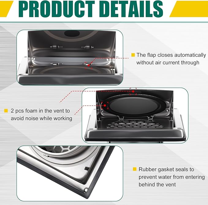 4 Inch Dryer Vent Cover Outside, 304 Stainless Steel Exterior Wall Cover with Cushioned Backdraft Flap, Bird Guard, Sealing Gasket, Weatherproof Dryer Exhaust Vent Cap(Hexagon)