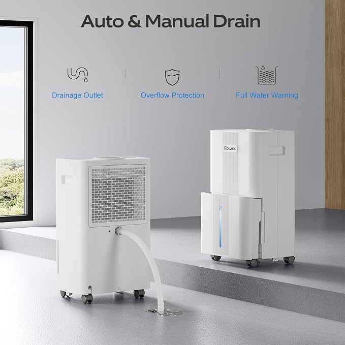 1500 Sq.Ft Dehumidifier for Basement with Drain Hose, Glowells Dehumidifiers for Home, Bathroom, Bedroom Large Room, RV, Three Modes, Quiet with Smart Compressor, Dry Clothes, 24H Timer (20 Pints)