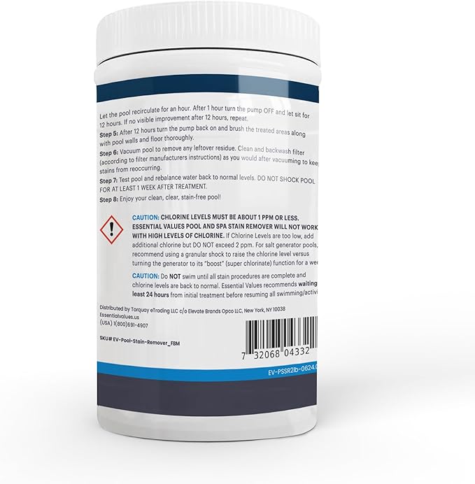 Essential Values Swimming Pool & Spa Stain Remover (2 LBS) - Compatible with Vinyl Liners, Fiberglass & Metals - Effective Formula Removes Rust & Tough Stains