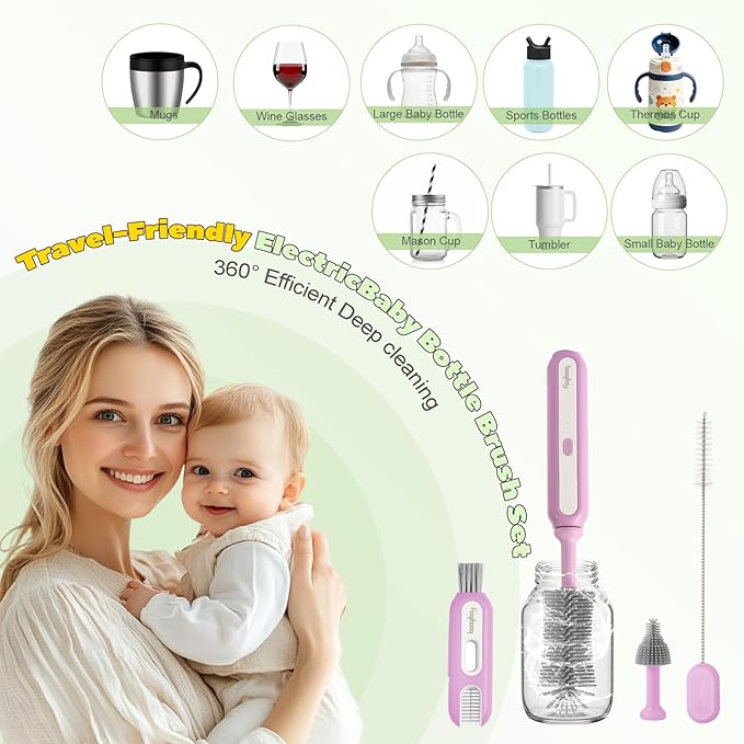 Electric Baby Bottle Brush Cleaner, 5-in-1 Travel Kit with Storage Bag, Food-Grade Silicone, Long Battery Life, Portable Baby Bottle Cleaner Brush Set, Ideal Gift for Parents & Babies (Purple)