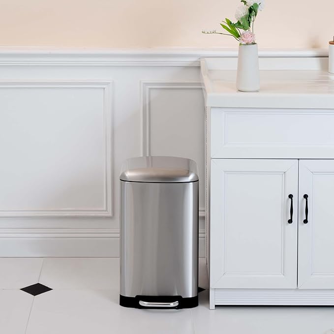 Amazon Basics Rectangular Small Trash Can with Soft-Close Step Pedal, Removable Inner Bucket, Hands-Free, Space-Saving, Smudge Resistant, 20l / 5.3 gallon, Nickel