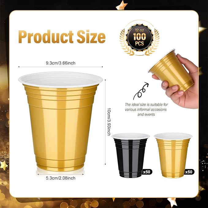 tchrules 100PCS 12oz Plastic Cups for Party, Disposable Black and Gold Graduation Cups Bulk, Black & Gold Plastic Drinking Cup for Halloween Christmas Wedding Birthday Picnic Holiday Party Supplies