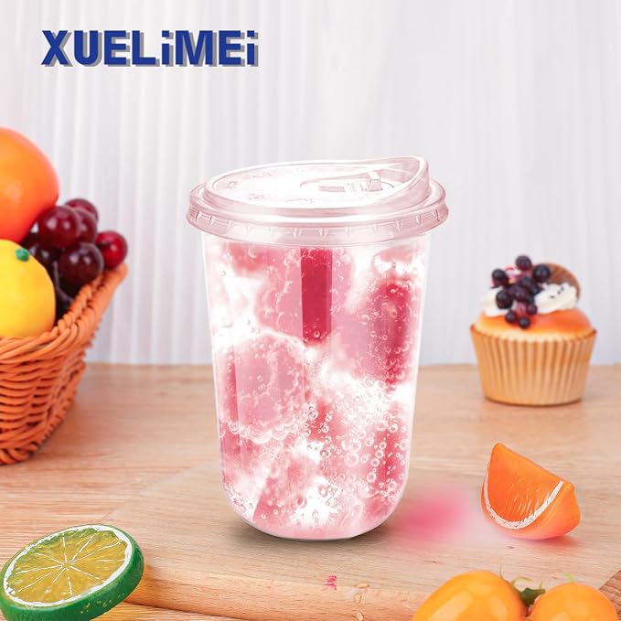16oz Disposable Stemless Glasses With Strawless Sip Lids,PET Disposable Drinking Cups,Clear Plastic Wine Glasses for Parties Birthday,Wedding,Meeting,Christmas Party Supplies (100, Pink)