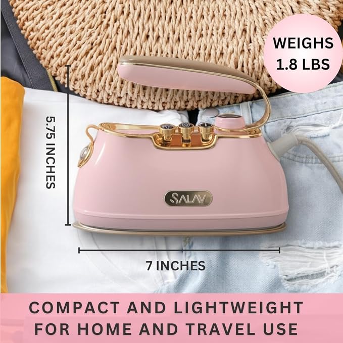 SALAV® Retro Edition Duopress Handheld Garment Steamer & Iron, Ceramic Plate, 1000W, No Drip Steam, Vertical & Horizontal Steam, Rose - Removes Wrinkles & Refreshes Clothes, Vintage Style
