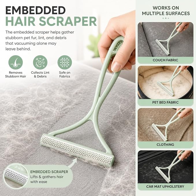 GOOGO Pet Hair Removal Tool Kit, 3 in 1 Carpet Rake Set with White Long Handle Brush, Mint Green Scraper and Scalable Pet Broom Glove for Carpets, Couches and Cars | Includes a white 52-inch carpet rake, mint green scraper and grooming glove for pet ha...
