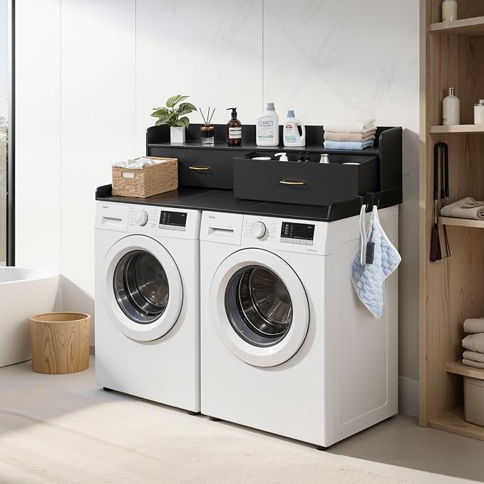 VEVOR 2 Drawers Washer Dryer Countertop with Shelf, 54" x 27" Wooden Laundry Countertop with 2 Hooks & Splicing Panels, Washer and Dryer Topper, Laundry Room Organization and Storage, Black