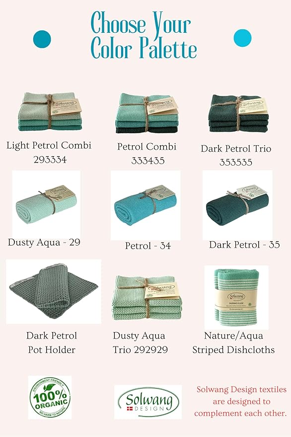 Solwang 3-Piece Danish Cotton Dishcloths in 100% Certified Organic Cotton Made in India (Petrol Organic Combi)