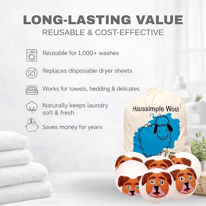 Wool Dryer Balls 6-Pack 100% Natural New Zealand Wool, Handmade in Nepal Reusable Laundry Balls, Faster Drying, Softer Clothes, Anti-Static, Dryer Sheets Alternative (Orange Dog)