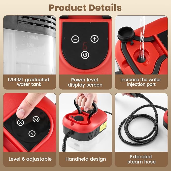 Saker Handheld Steam Cleaner for Home,6-Level Adjustable Steamer for Cleaning,Portable Steam Cleaner,Steamer for Cleaning with 1200ML Water Tank,Suitable for Kitchen,Bathroom,Living Room