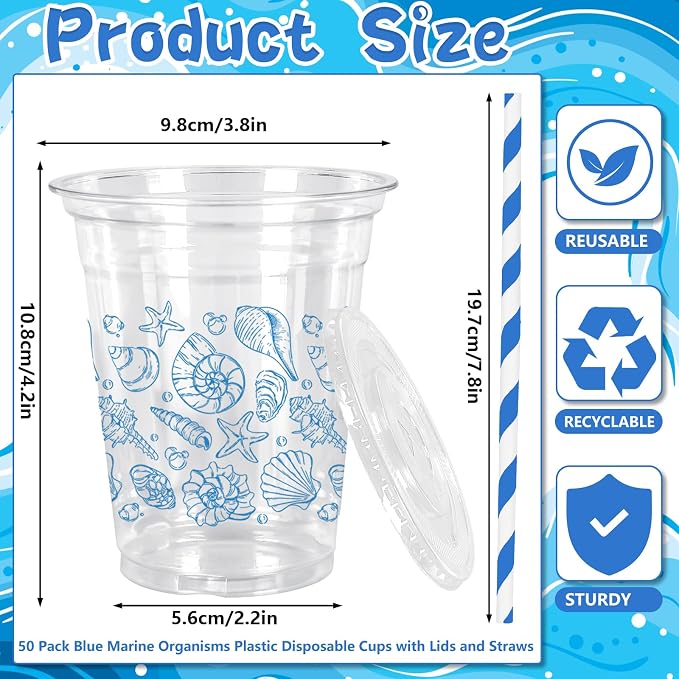 FYSUIMU 50Pcs 12Oz Blue Ocean Plastic Cups with Lids & Straws Seashell Starfish Disposable Clear Drinking Cups for Summer Beach Party Supplies