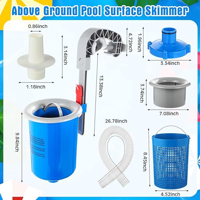 Tujoe Above Ground Pool Skimmer with 30 Socks Cleaning Filter Socks, Adjustable Wall Mount Surface Skimmer, Auto Skim Pool Leaves & Fine Debris Maintenance Kit