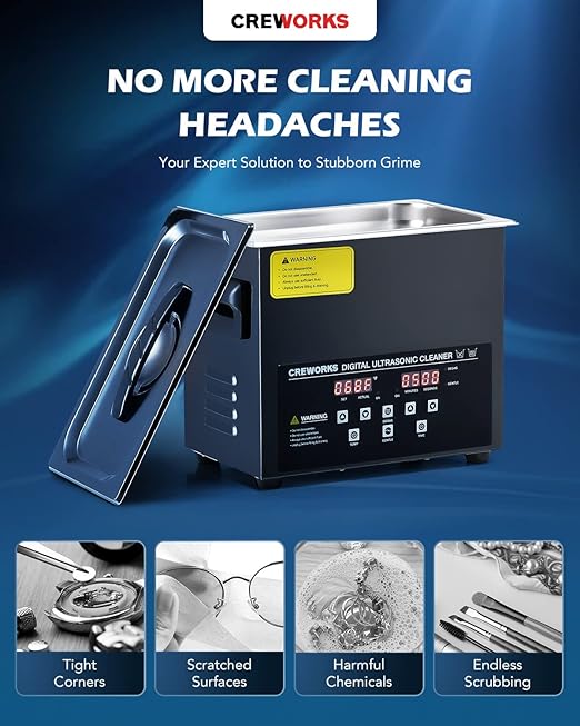 CREWORKS 3L Digital Ultrasonic Cleaning Machine with Degas and Gentle Mode, 120W Ultrasonic Cleaner Machine with Heater and Timer, 0.8 gal Ultrasound Cleaner for Retainer Watch Denture Glasses More