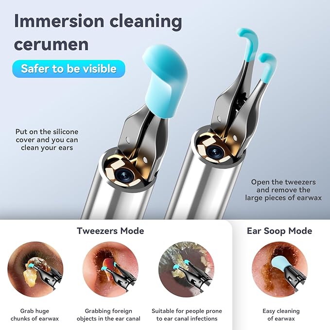 Ear Cleaner Tweezers with 6 Ear Spoon, Earwax Removal Kit with Light, Ear Cleaning kit for iOS & Android, Blue