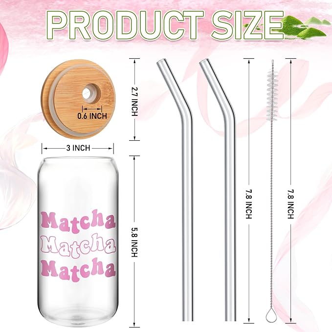 LemonRoad 2 Set 16oz Glass Matcha Cups with Reusable Straw and Bamboo Lid Gifts for Matcha Lovers Cute Pink Print Glass with Cleaning Brush Clear Can Shaped Tumbler for Iced Coffee Party Supply