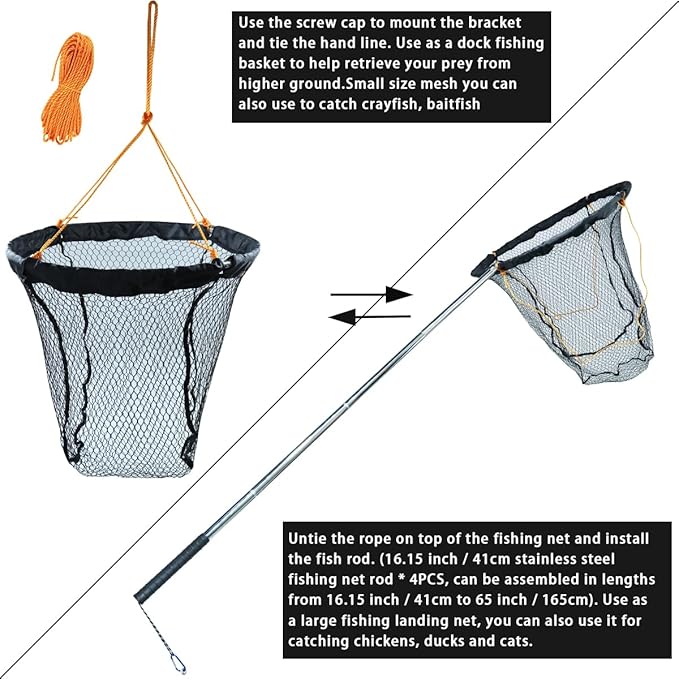 Drasry Large Collapsible Bridge Pier Fishing Net Landing Net with Rod, High Load Aluminum Ring Drop Net for Saltwater and Freshwater Pier Fishing Basket with 49.2 ft. Rope