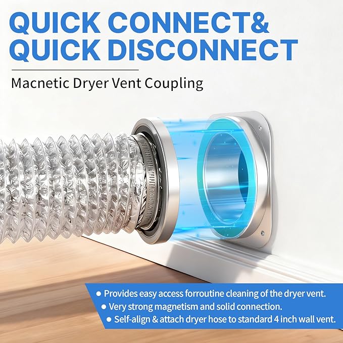 Magnetic Dryer Vent Coupling Connector Kit, DV180 Airtight Seal Coupling, Strong Magnet Quick Connection Self-Alignment Easy to Clean Included a 3ft 4" Duct & 2 Clamps
