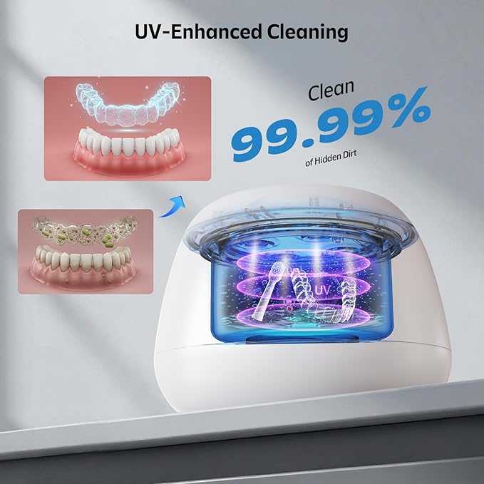 Ultrasonic Retainer Cleaner Machine 48kHz Denture and Aligner Cleaning Pod for Mouth Guards Night Guards Dental Trays Braces Toothbrushes Jewelry with 200ML Capacity,Low noise