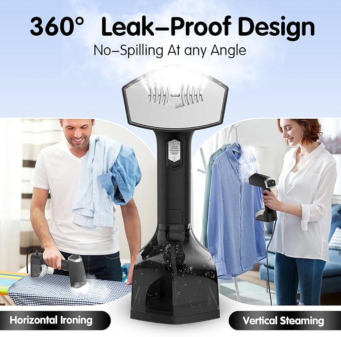 Handheld Garment Steamer for Clothes, 2000W, 10s Heat-Up, 350ml Tank | 40g/min steaming with 3 settings for delicate to heavy fabrics, Leak-Proof, Use for Travel, Home, Office, Wardrobe Care