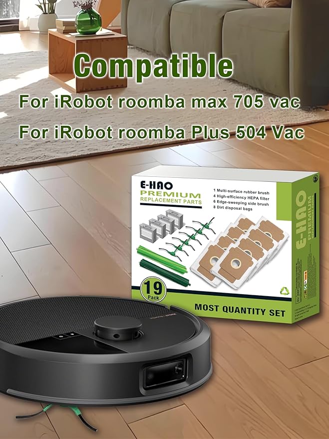 Max 705 & 504 Replacement Parts for iRobot Roomba Max 705 Vac, Roomba Plus 504 Vac Robot Vacuum. Accessories Kit with 8 Dust Bags, 2 Rubber Rollers, 4 HEPA Filters, 6 Side Brushes