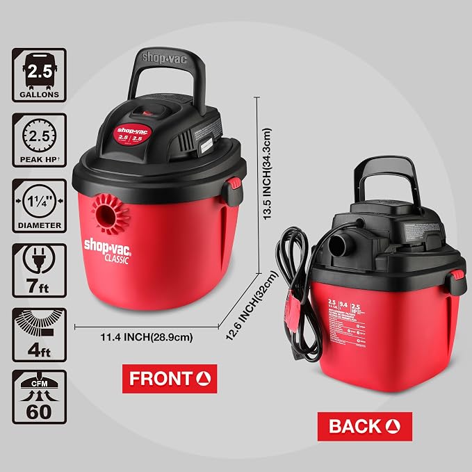 Shop-Vac 2.5 Gallon 2.5 Peak HP Wet/Dry Vacuum, Portable Compact Shop Vacuum with Collapsible Handle Wall Bracket & Multifunctional Attachments for Home, Jobsite. 2036000