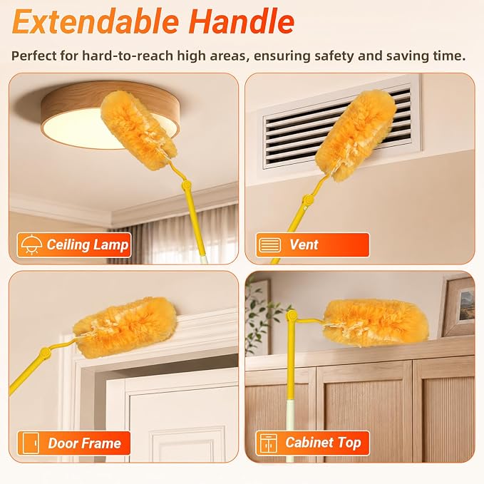 60 Count Heavy Duty Duster Refills for Swiffer Duster, 360° Double-Sided Electrostatic Dusting Pads with Upgraded Thick Fibers, 2 Handles Included, Microfiber Duster for Cleaning Home(Yellow