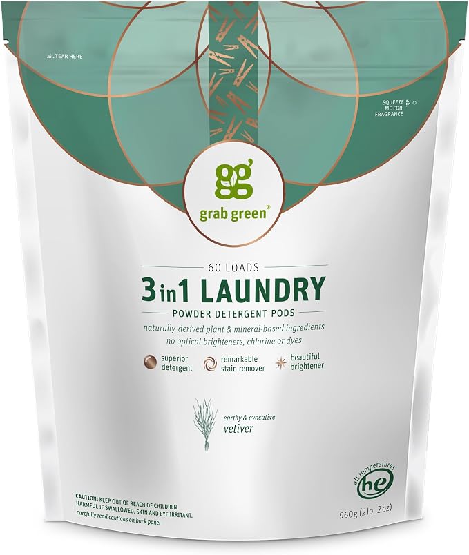 Grab Green 3-in-1 Laundry Detergent Pods, 60 Count, Vetiver | Plant & Mineral-Based; Enzyme-Powered; Velcro Closure; Laundry Brightener; Stain Remover