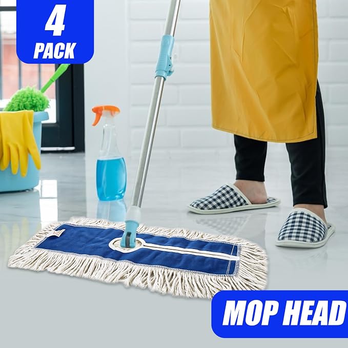 24" 4 Pack Industrial Strength Cotton Dry Dust Mop Head Floor Dust Mop Refill Hardwood Floor Duster Broom Dry Floor Cleaning for Hardwood Ceramic Marble Tile, Fits 24 Inch Frame