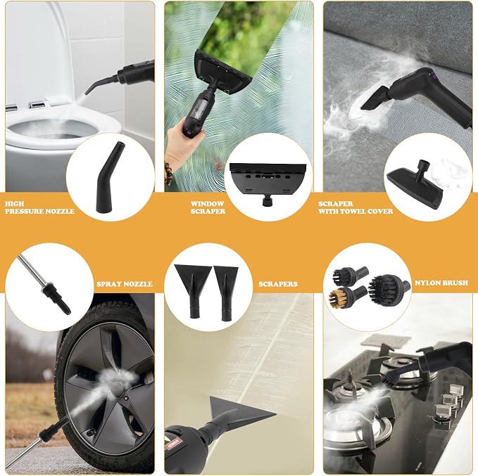 Steam Cleaner - 3-Level Adjustable Handle 15s Heat-Up - Steaming cleaner with 10pcs Accessories - Portable Steam Cleaner for Home for Car, Dirt, Grease, Grout, Tile, Floor, Couch, Furniture-Yellow