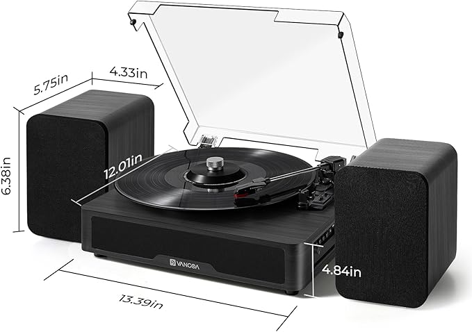 Vangoa Vinyl Record Player with Bookshelf Speakers Bluetooth Vintage Turntable for Vinyl Records Belt-Drive 3 Speed Portable LP Players Wooden Vinyl Players Auto Stop with Cleaning Kits, Black