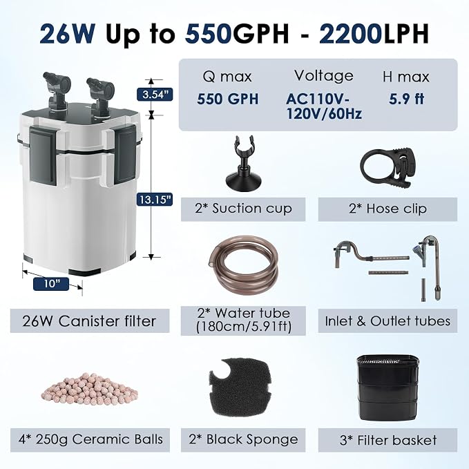 fishkeeper Canister Filters for Aquarium, 550GPH/2200LPH Ultra-Quiet External Fish Tank Filters for Freshwater & Saltwater Aquariums up to 150Gal,3-Stage Filtration with Quartz Balls and Filter Cotton