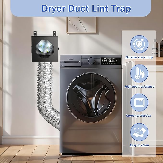 Dryer Lint Trap, Metal Indoor Dryer Vent Lint Trap- Dryer Lint Filter Box with 4" 5FT Flexible Dryer Vent Hose, 2 Filter Screens, 2 Clamps,1 Brush, Secondary Lint Trap for Electric Clothes Dryers