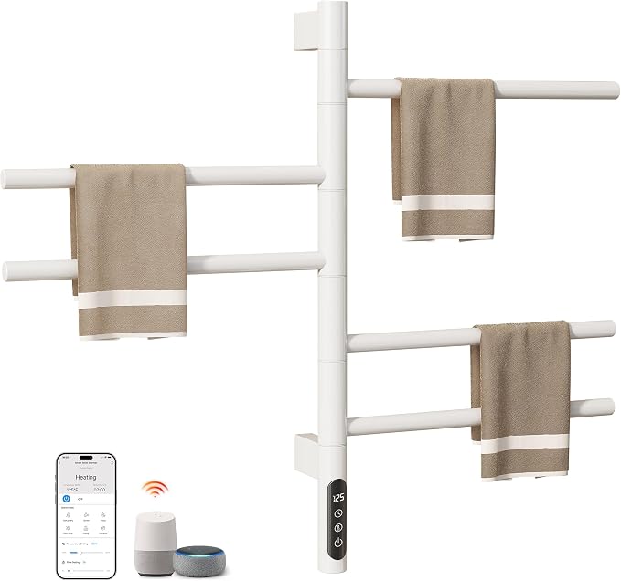 ENZE Smart Rotating Heated Towel Rack, 5-Bar Electric Towel Rack with Swivel Bars, Wi-Fi App Control, 24H Timer, Stainless Steel, IPX5, Hardwired/Plug-in, White